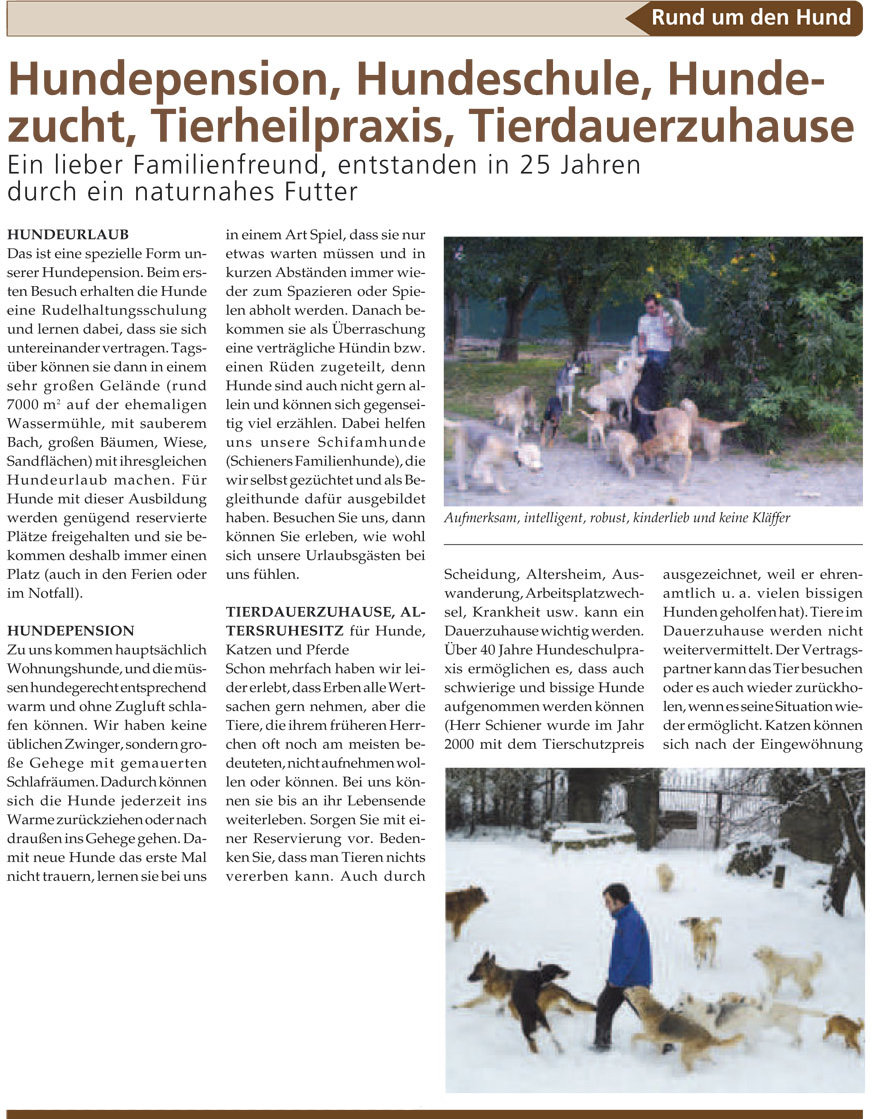 Zeitungsartiel Hundepension Neumühle Seite 1(Quelle: www.haustier-anzeiger.de)